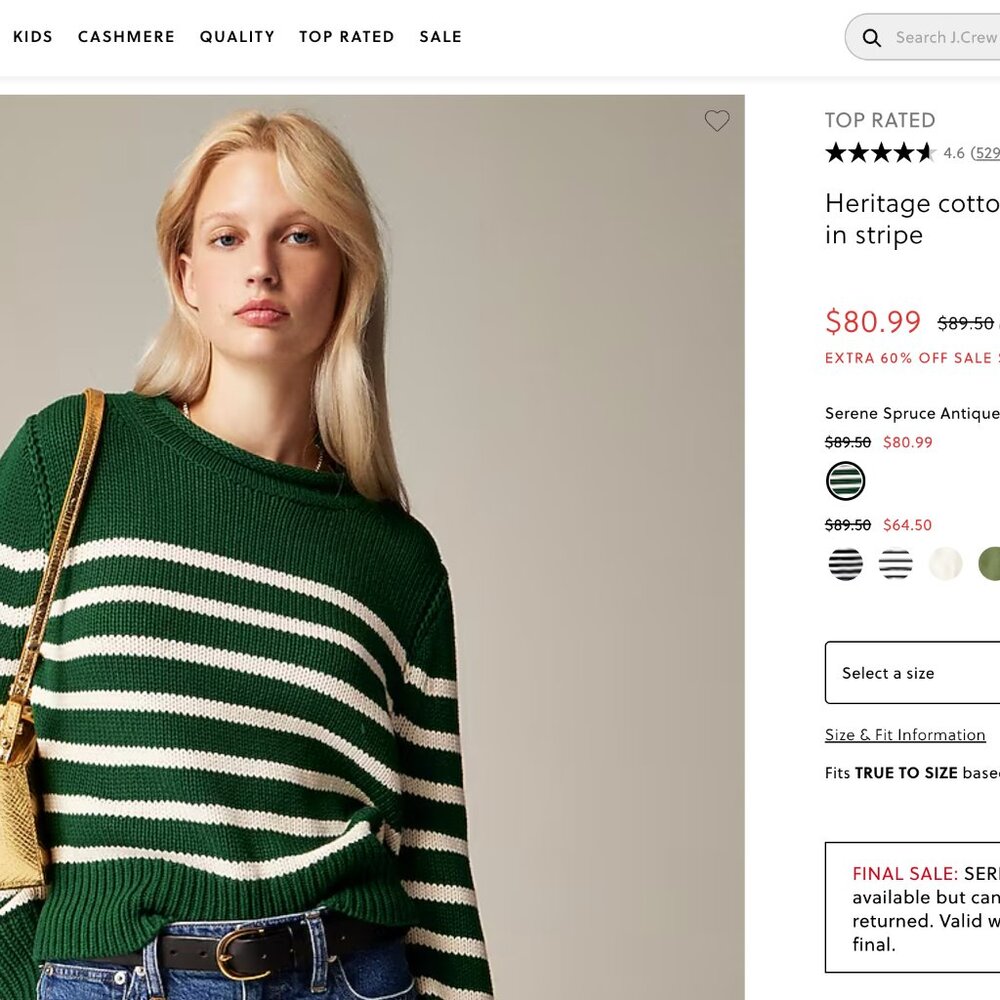 JCrew Heritage Cotton Rollneck Striped Sweater in Serene Spruce Small (Sold Out)